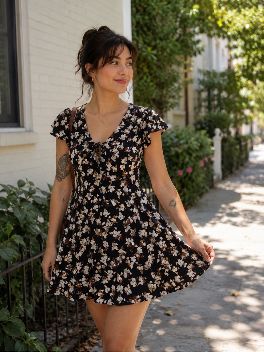 le chateau Black Floral Tie-Front Mini Dress